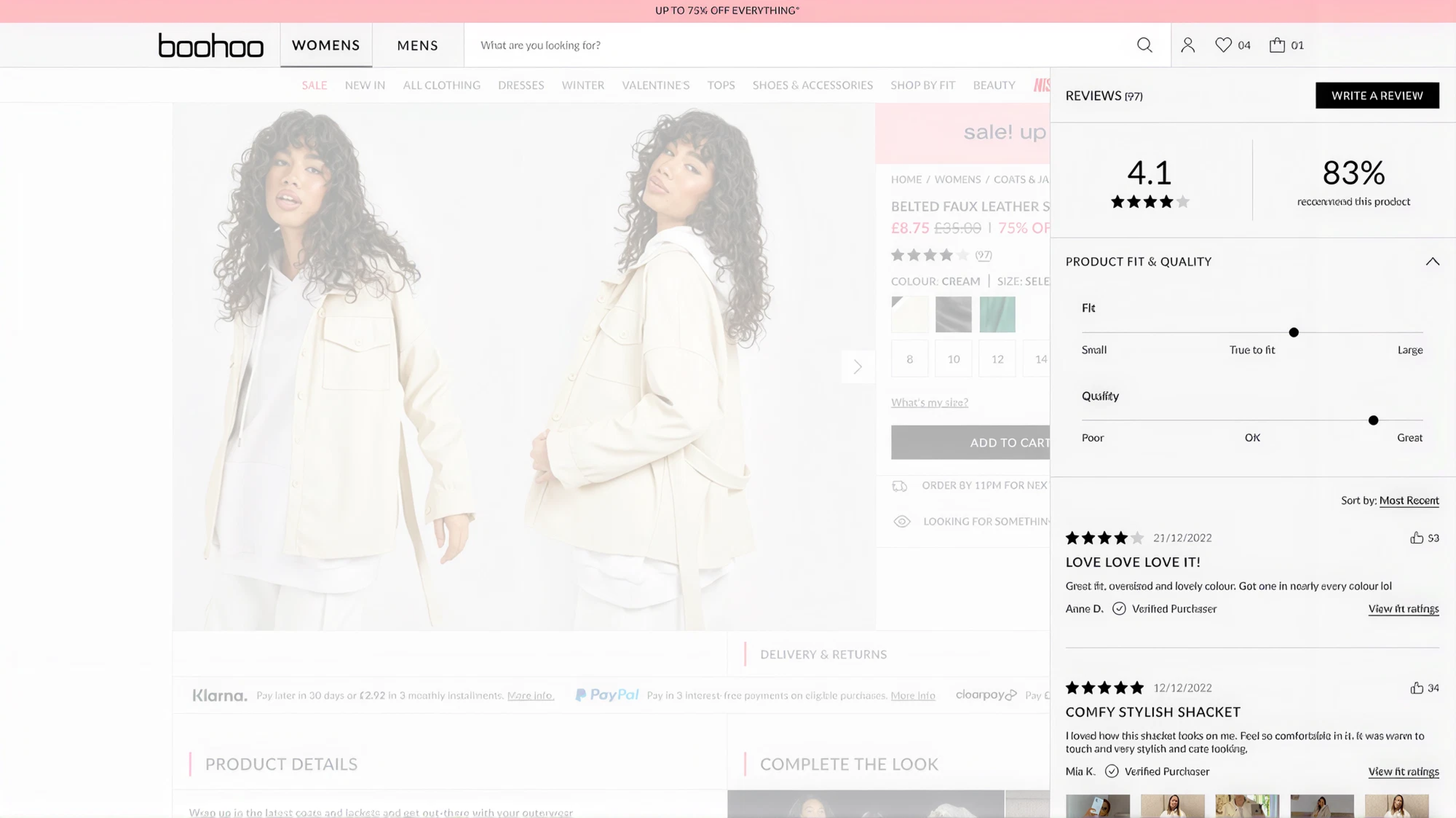 Desktop product detail page with the reviews panel